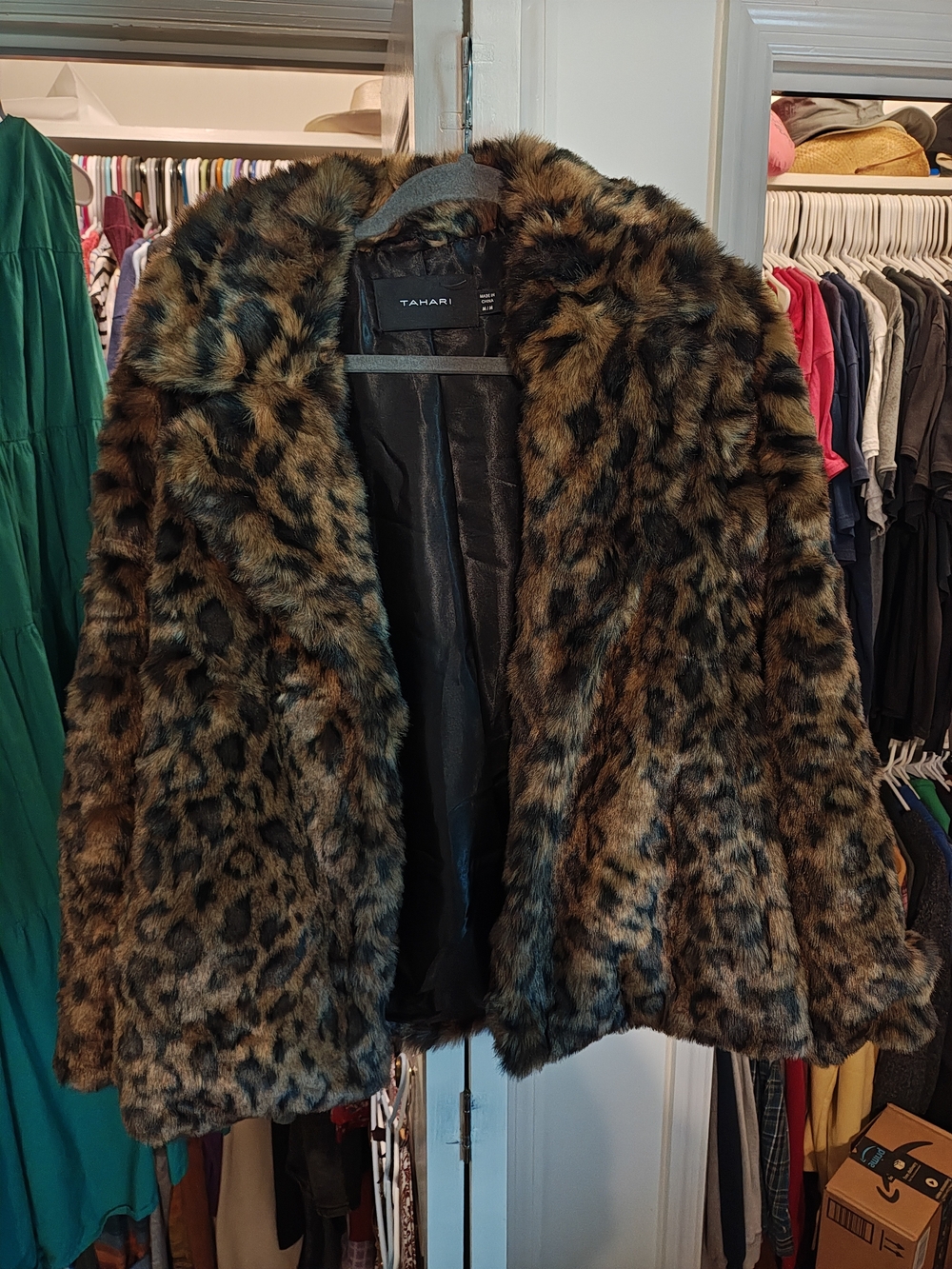 Tahari Leopard-Print Faux Fur Teddy Jacket in Brown and Black - Picture 1 of 6